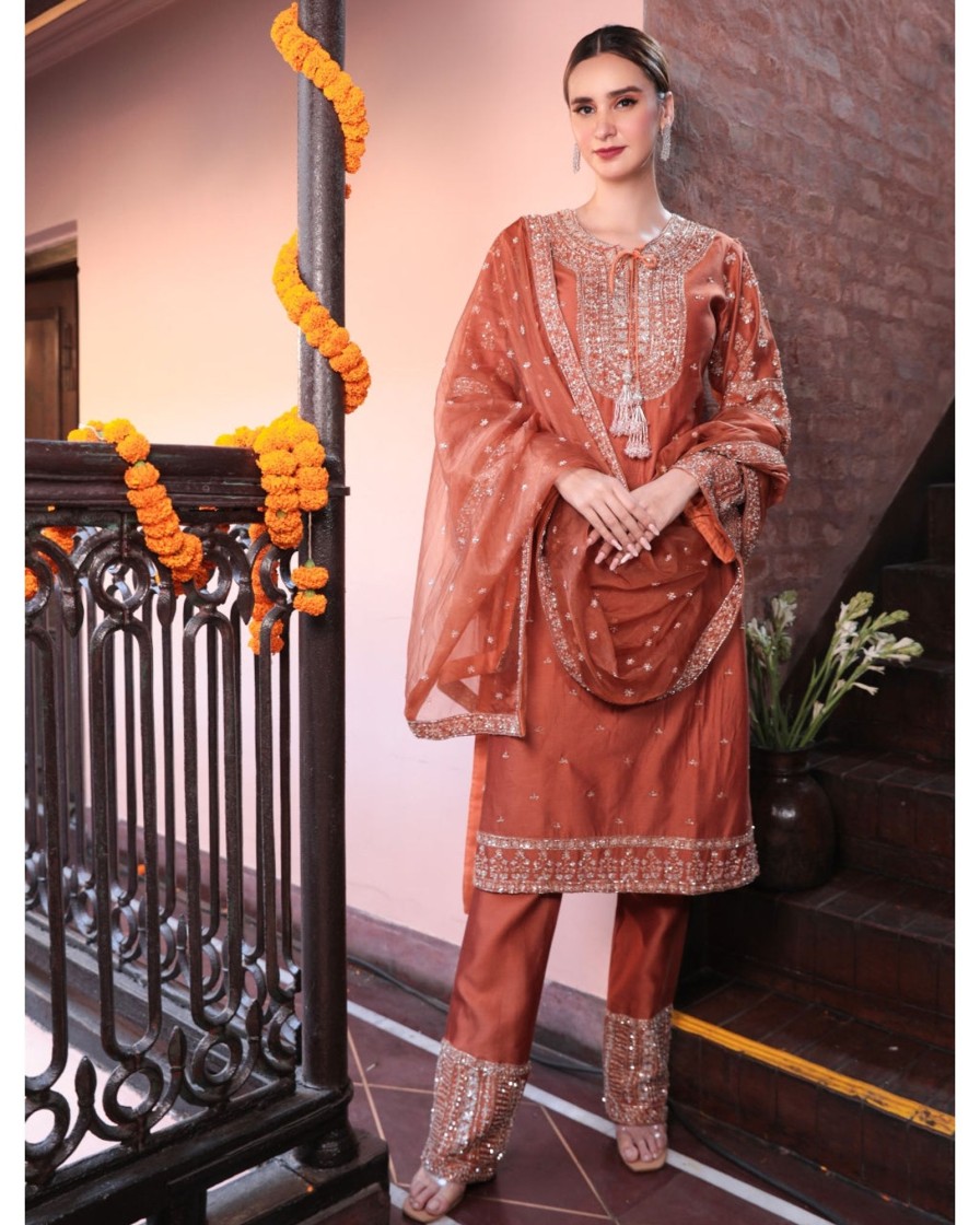 Womens Kalighata | Rust Bell Sleeves Kurta Set