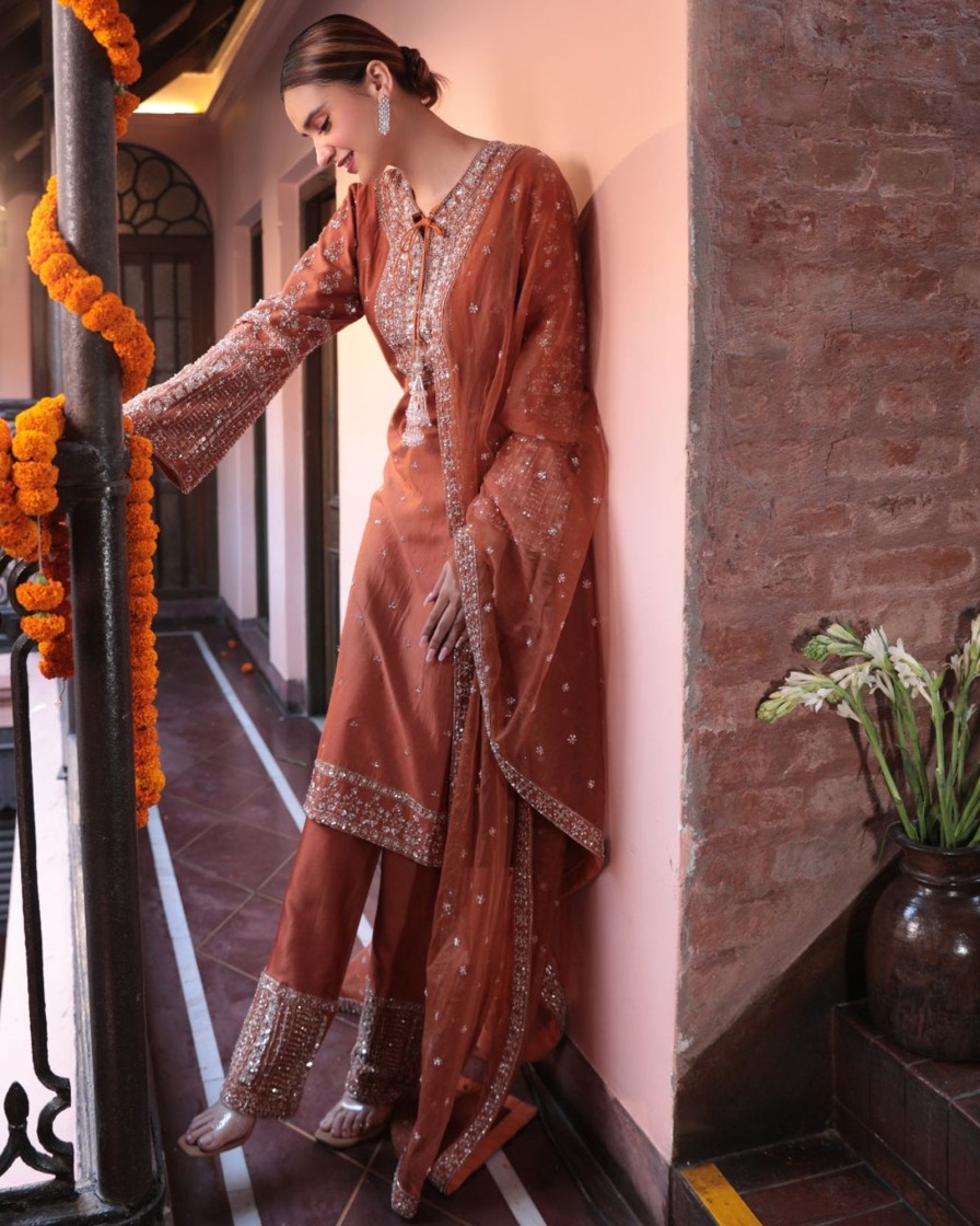 Womens Kalighata | Rust Bell Sleeves Kurta Set