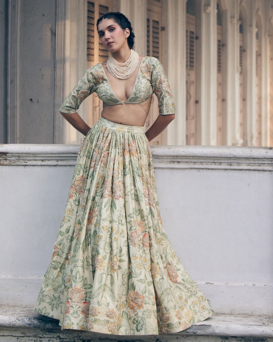 Womens Paulmi u0026 Harsh | Ivory Orange Floral Printed Elbow Sleeve Lehenga Set