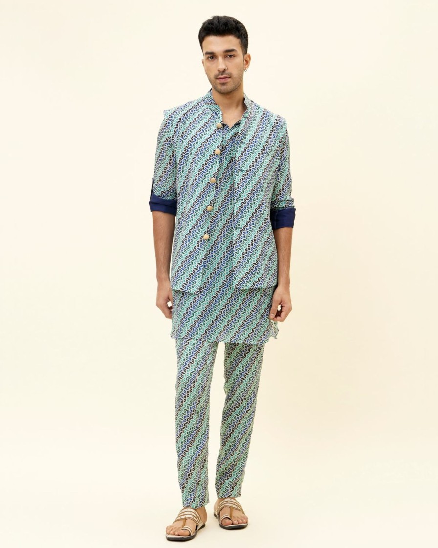 Mens SVA Menswear | Leaf Printed Kurta And Bandi Set