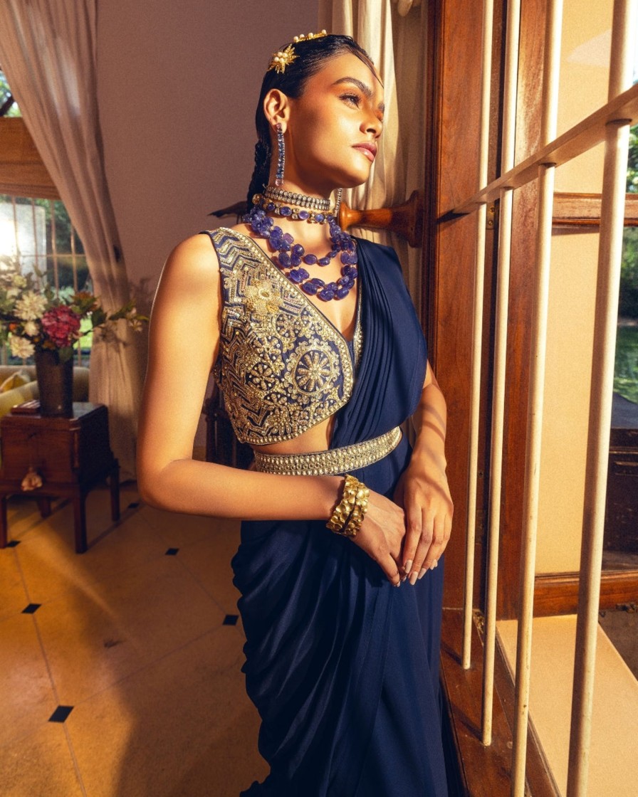 Womens Paulmi u0026 Harsh | Navy Blue Sari Set With Belt